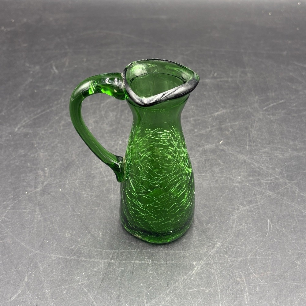 Vtg 5" Emerald Green Crackle Glass Sm Pitcher Carafe Decanter Vase Spout Decor